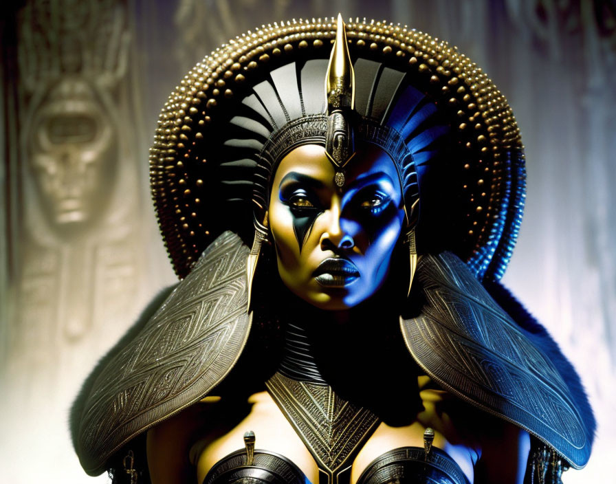 Egyptian Queen: Golden Headdress, Intricate Makeup, Intense Gaze