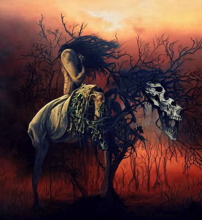 Skull-faced figure on skeletal horse in eerie sunset landscape