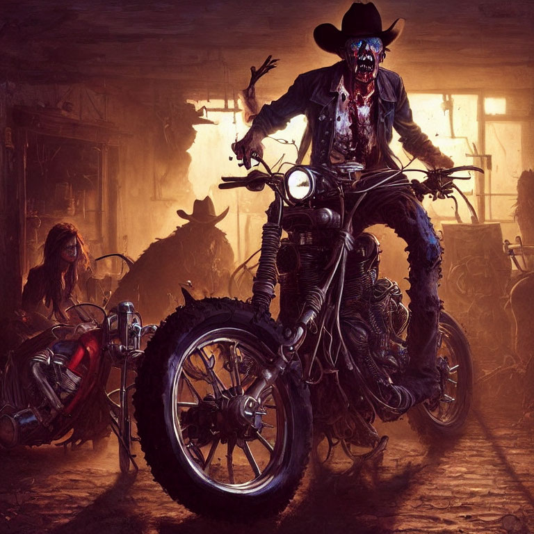 Skeletal figure on motorcycle with shadowy characters in dark, gritty setting