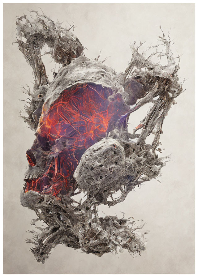 Skull artwork with red neural patterns, branches, and figures