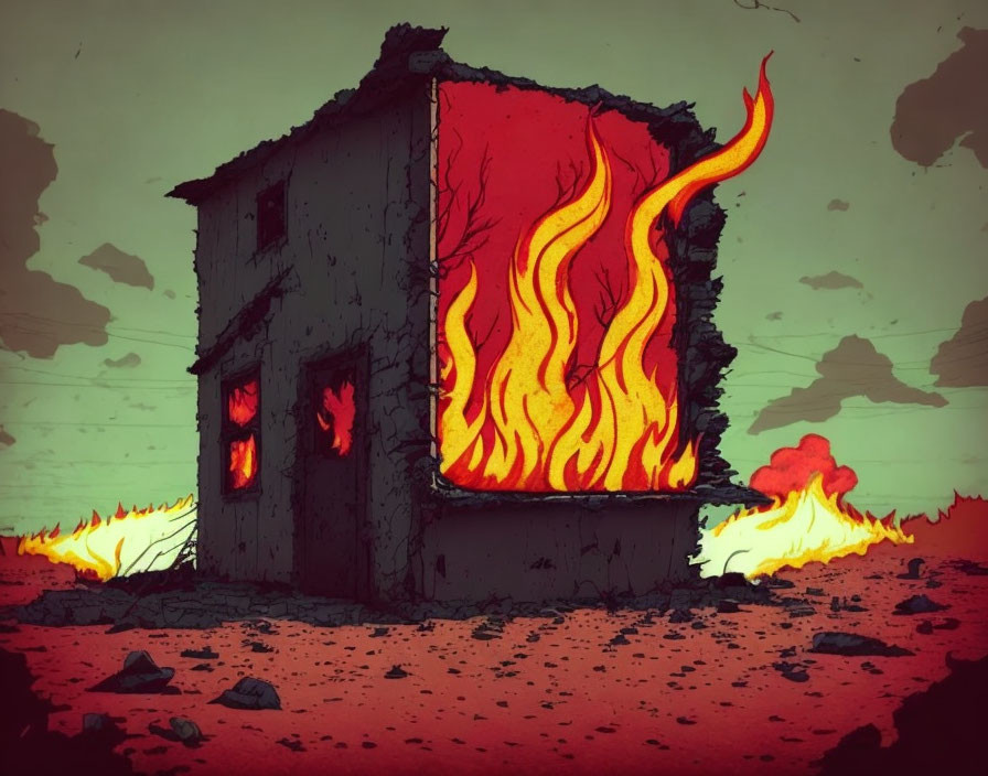 Burning building in desolate landscape with red sky