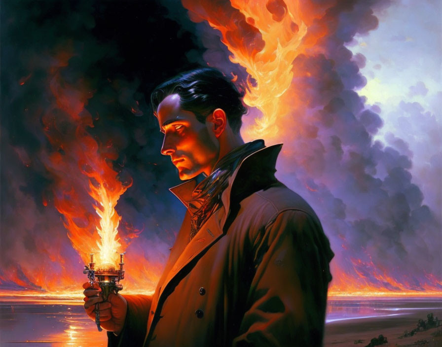 Man in coat with lamp and fiery wings in background portrait.