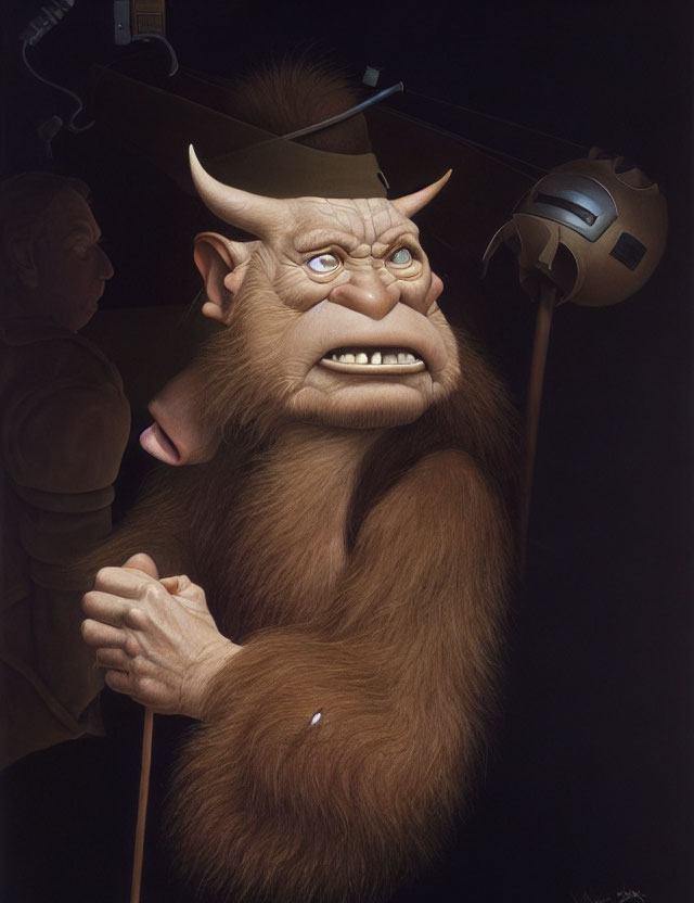 Fantasy creature illustration with orangutan-like features and viking helmet holding staff.