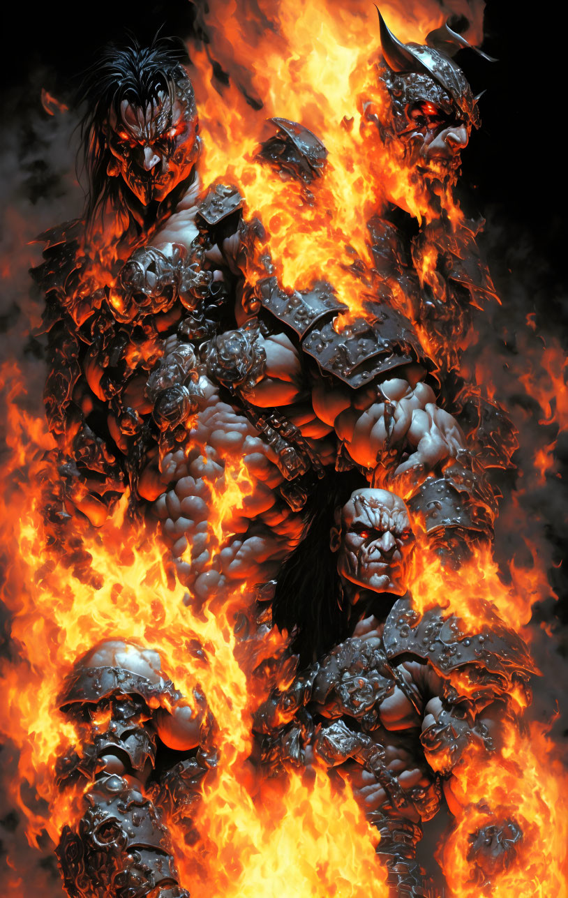 Three demonic figures in armor engulfed in flames on dark background