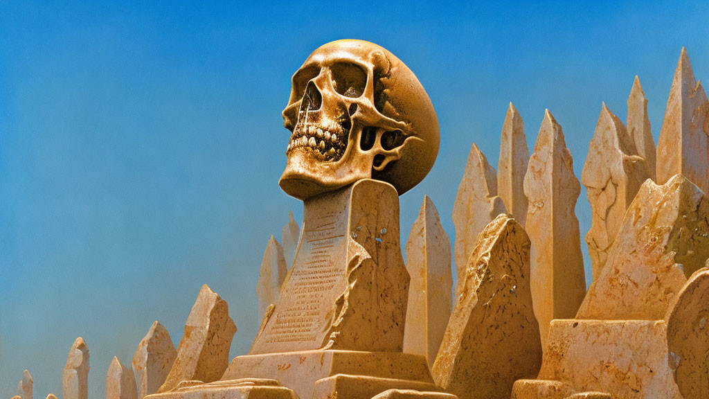 Human skull sculpture on stone pillar under clear blue sky