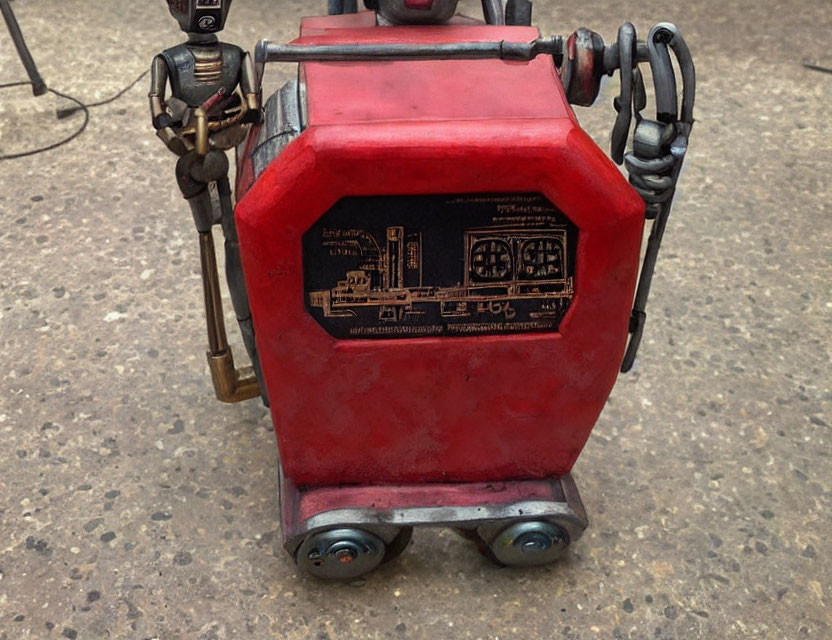 Red wheeled robot with faded decal and black arms for industrial use