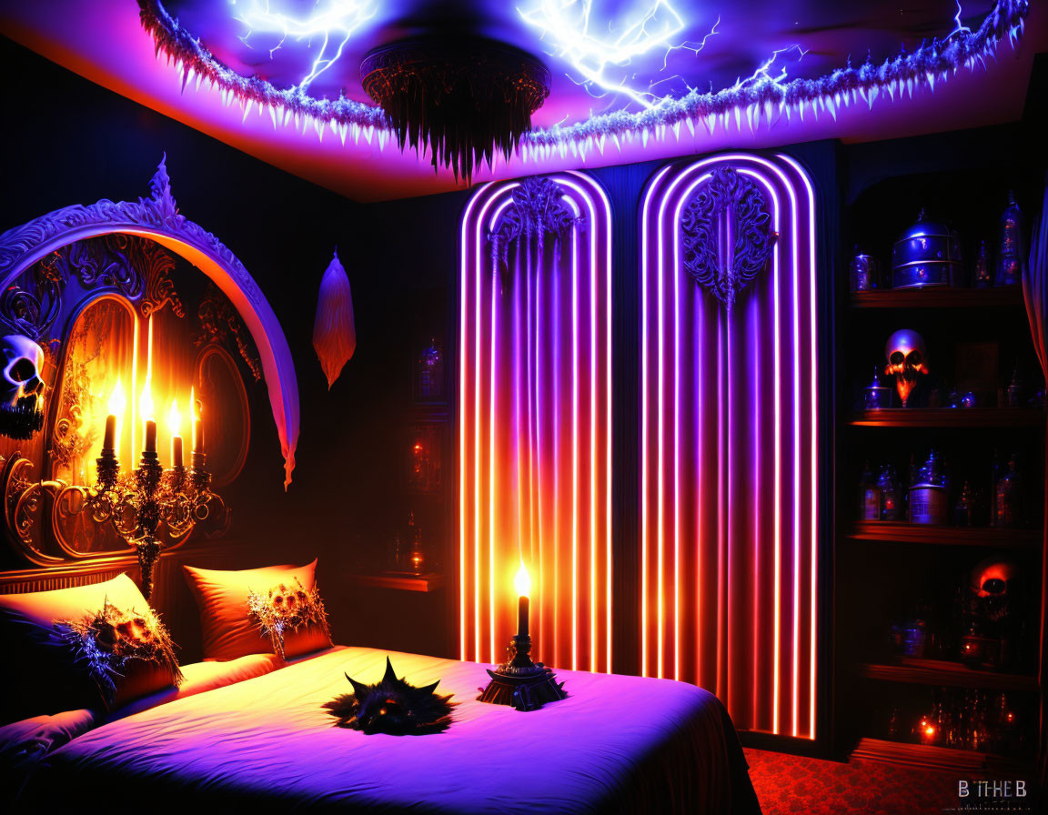 Gothic bedroom with neon lights, plasma ball effects, candle-lit bed, and mystical decor