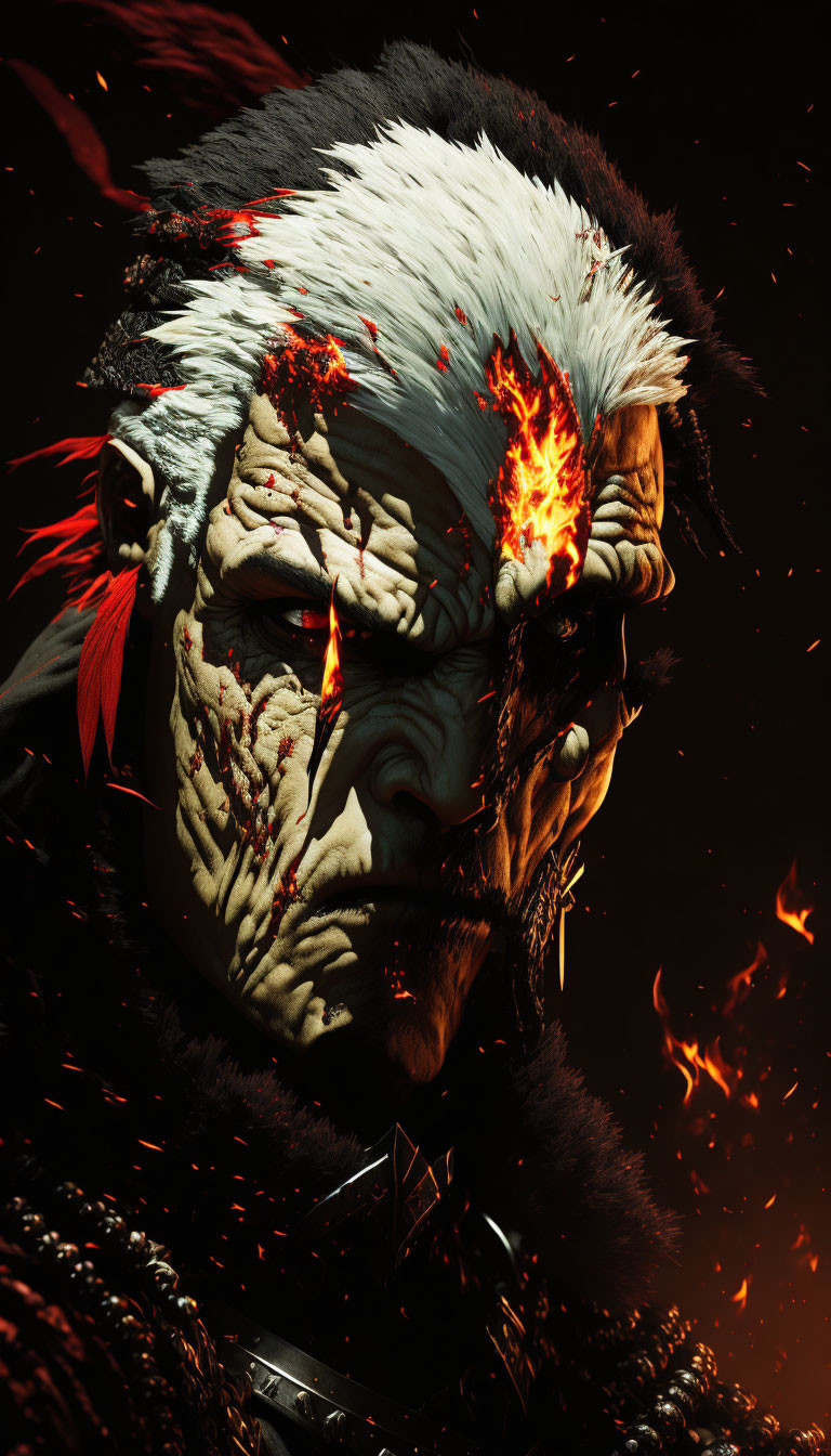 Warrior portrait with flaming eye, scarred face, two-tone hair, and red headband on