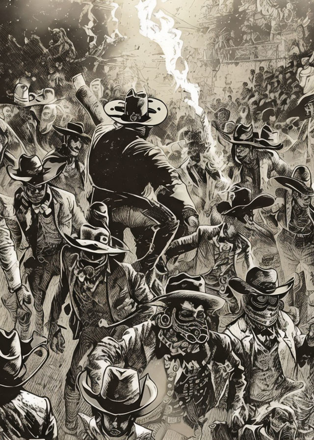 Monochrome cowboy illustration with chaotic lightning scene