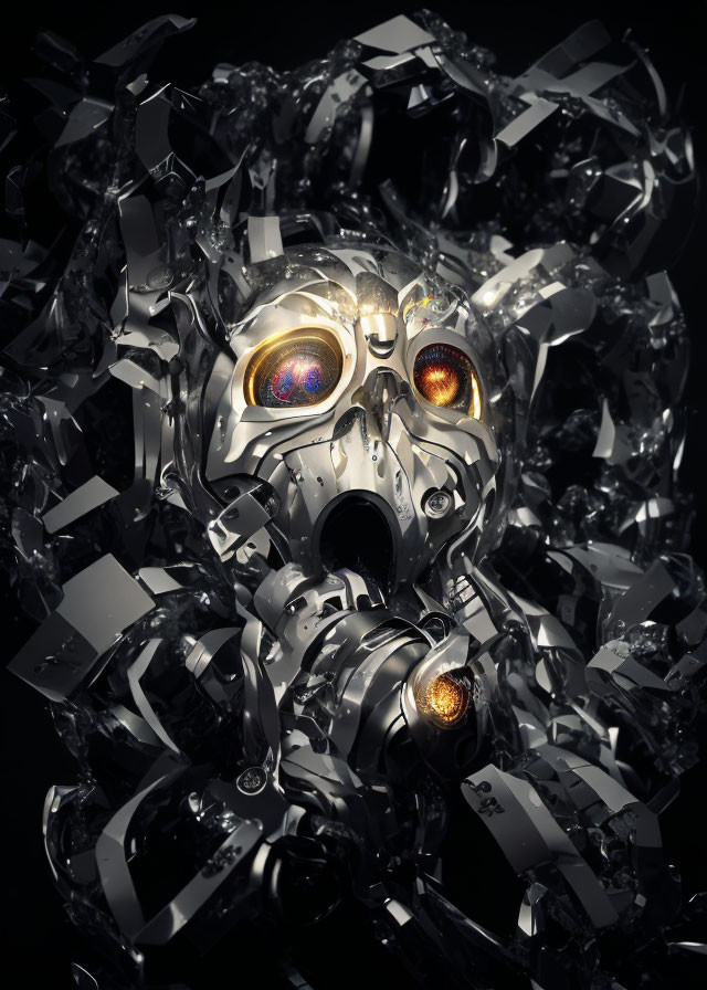 Metallic skull with multicolored glowing eyes in shattered fragments on dark background.