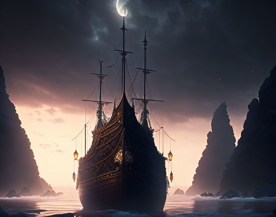 Majestic ship sailing at dusk between rock formations with crescent moon and illuminated lanterns