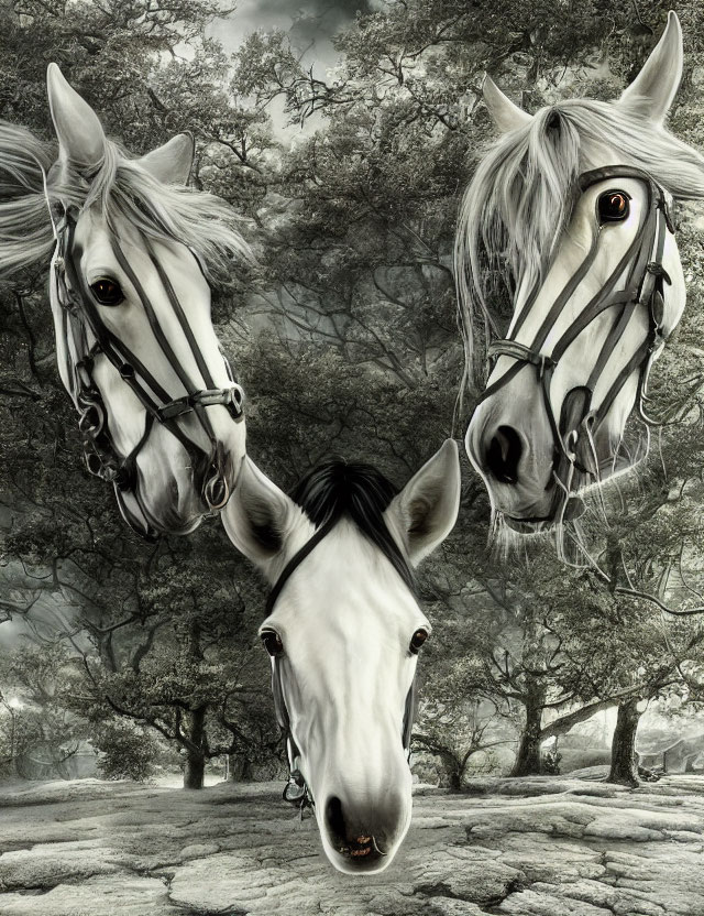 Intense horse expressions over barren landscape with leafless trees