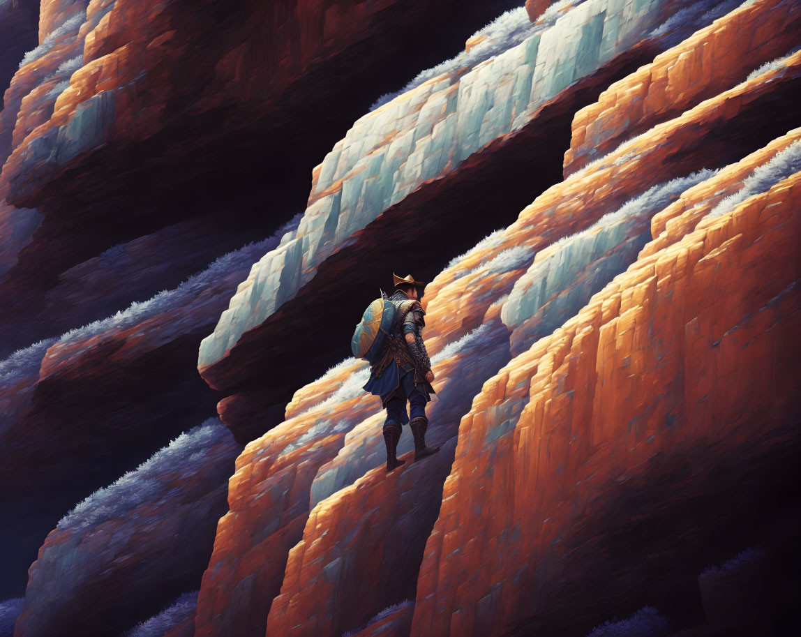 Hiker on orange mountain ridge with dark abyss and light strips.