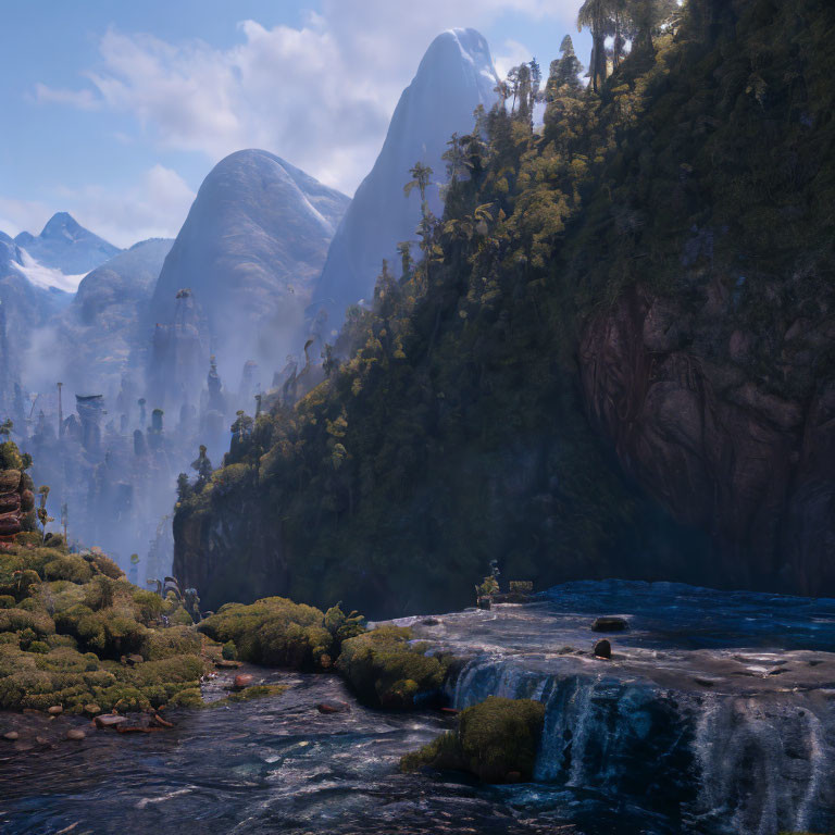 Landscape with waterfall, lush greenery, and mountains in mist