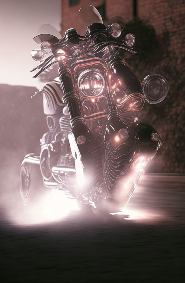 Motorcycle with multiple headlights on dusty road at dusk