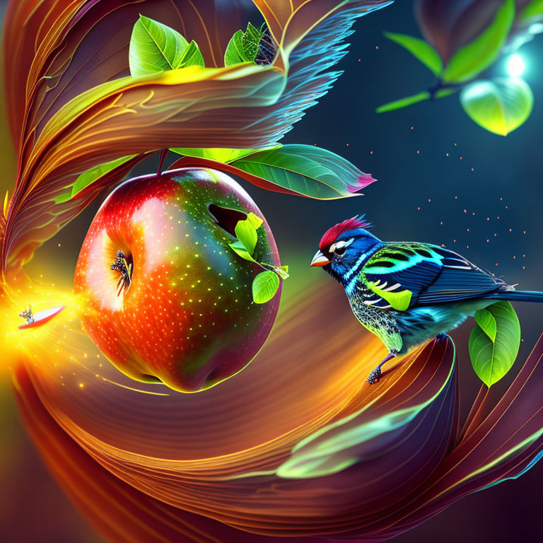 Colorful bird on swirling branch with glossy apple in vibrant digital artwork