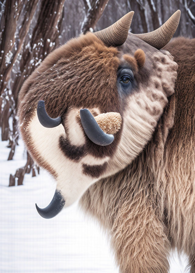 Furry creature with tusks, horns, and blue eyes in snowy forest