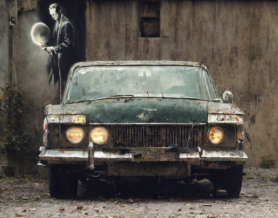 Weathered car with peeling paint parked by graffiti wall depicting man with balloon