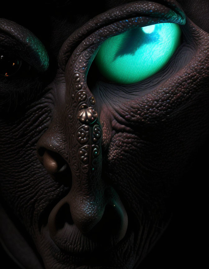 Detailed Close-Up of Alien Creature with Dark Textured Skin and Luminescent Green Eyes