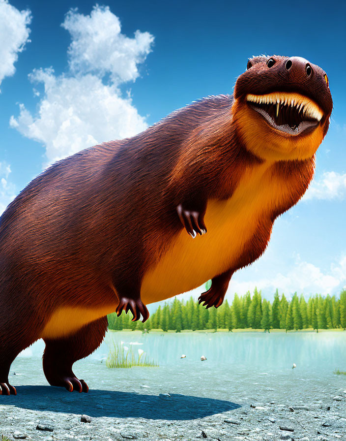 Brown furry dinosaur creature in serene lake setting