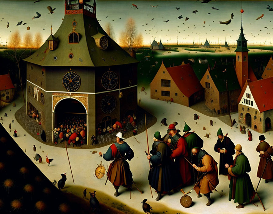 Renaissance painting: Townsfolk around clock building, birds, green countryside