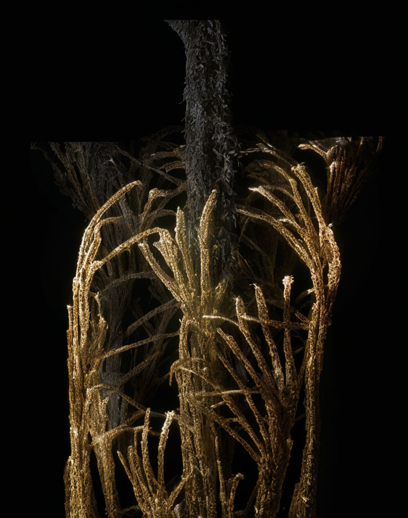 Golden illuminated branches against dark background: mystical tree sculpture.