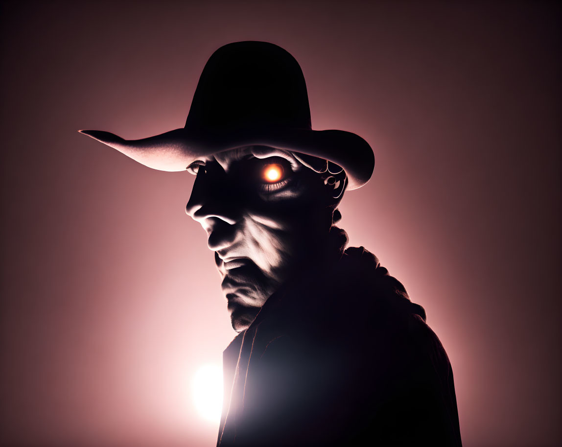 Mysterious Cowboy Hat Figure with Glowing Red Eyes