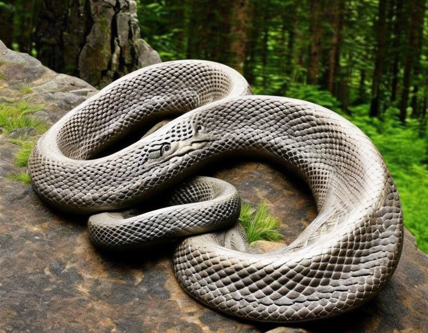 Coiled snake on rock amidst lush green foliage