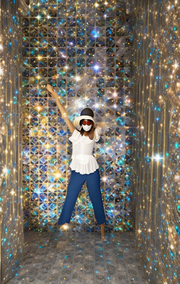 Person in white top and blue trousers poses in room with multicolored lights