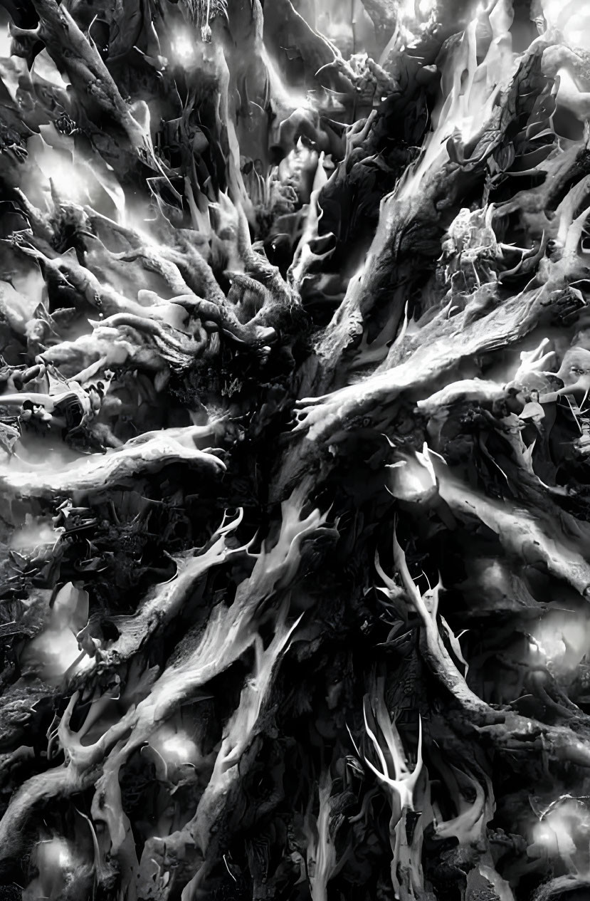 Person camouflaged in intricate tree roots in monochromatic forest.