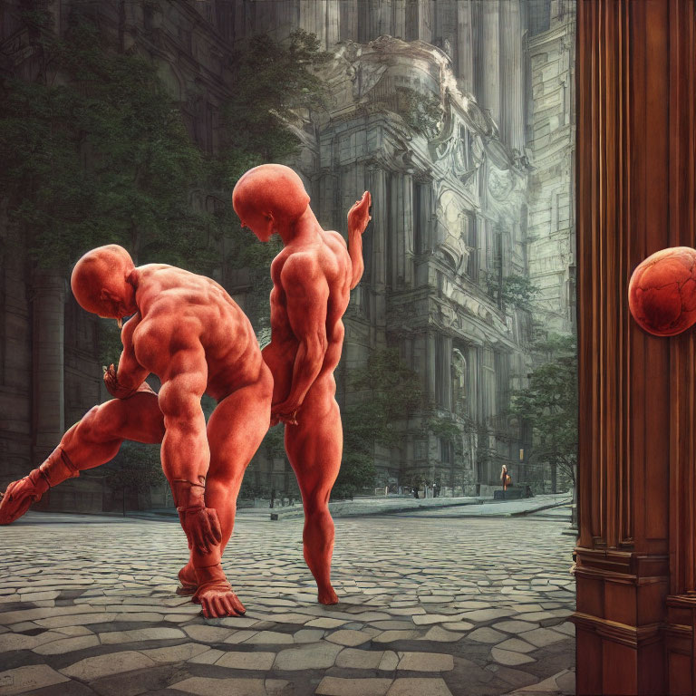 Surreal muscled humanoid figures in classical architecture setting