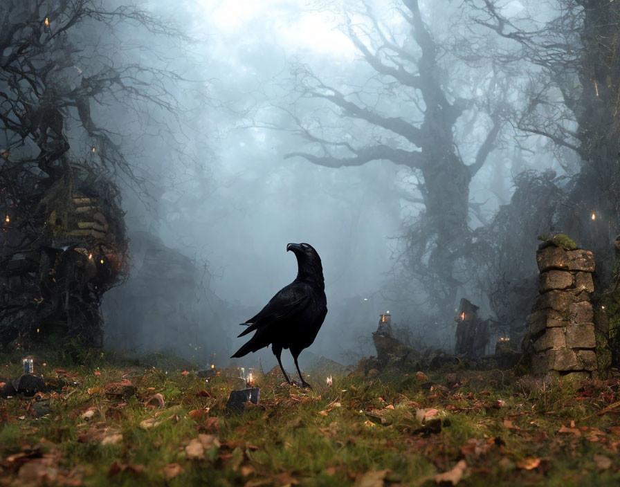 Black Raven in Mystical Forest with Candles and Stones