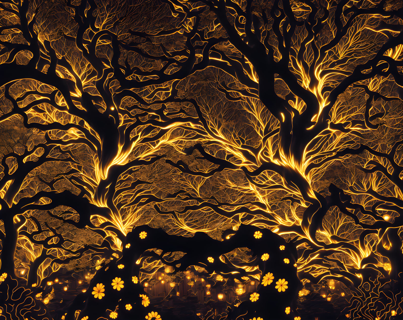 Illustration of glowing, intricate trees in mystical forest