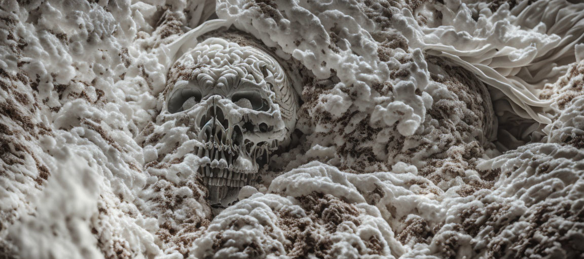 Sculpture submerged in textured material resembling dense foam or snow