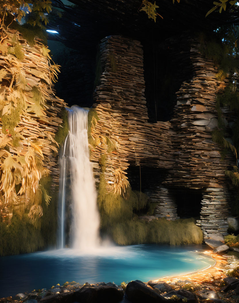 Serene artificial waterfall cascading over rugged rocks