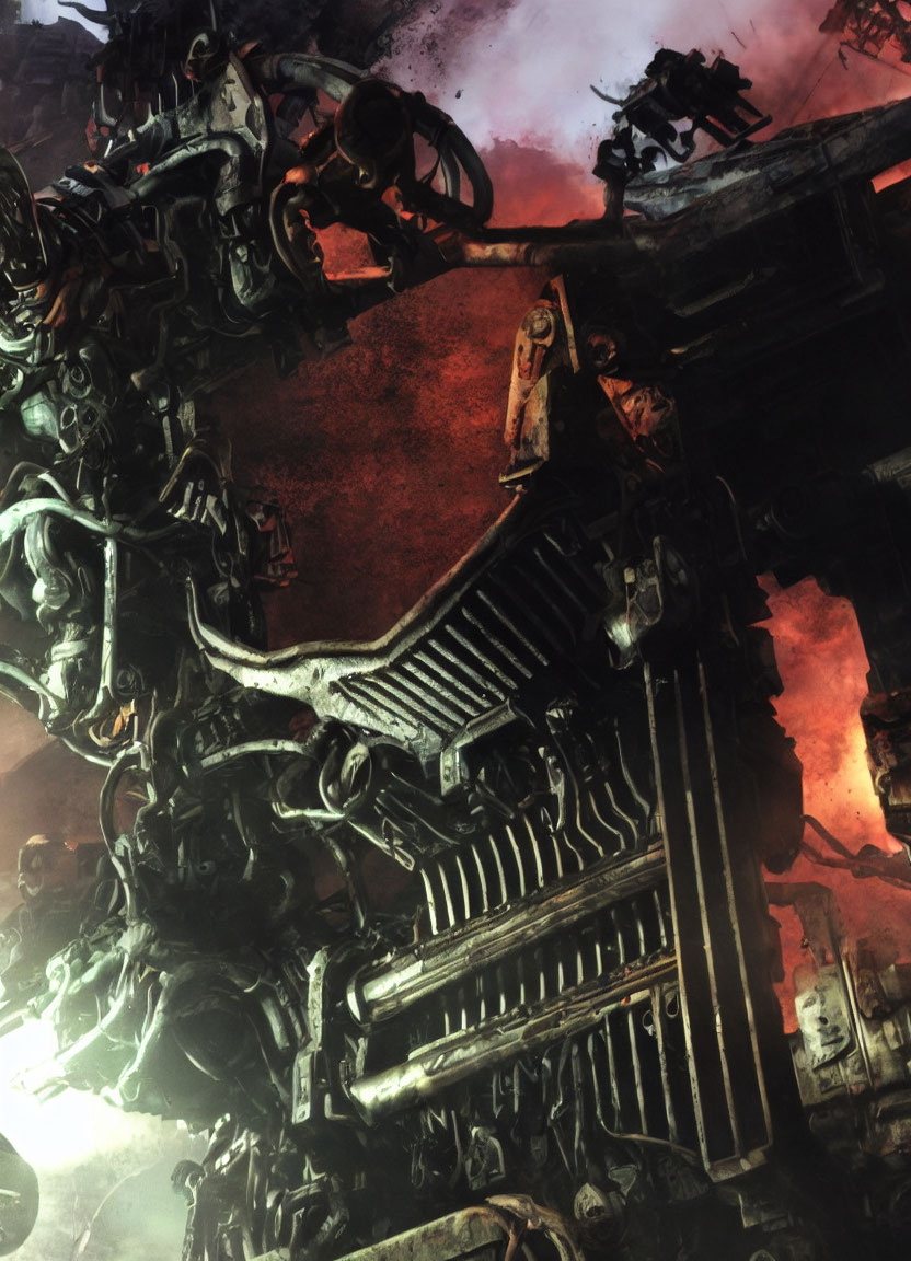 Mechanized robots and soldiers in fiery post-apocalyptic battlefield