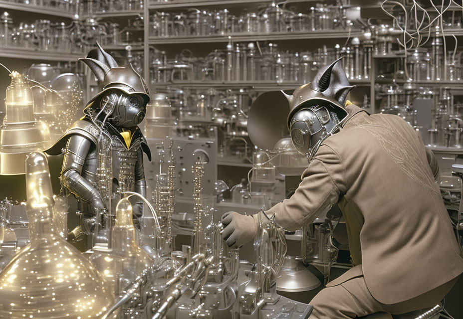 Viking figures in helmets surrounded by scientific apparatus working on experiment