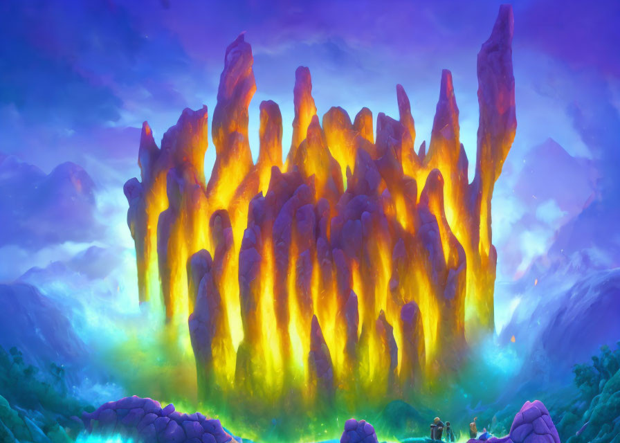 Vibrant digital artwork: Fiery structure in mystical purple landscape