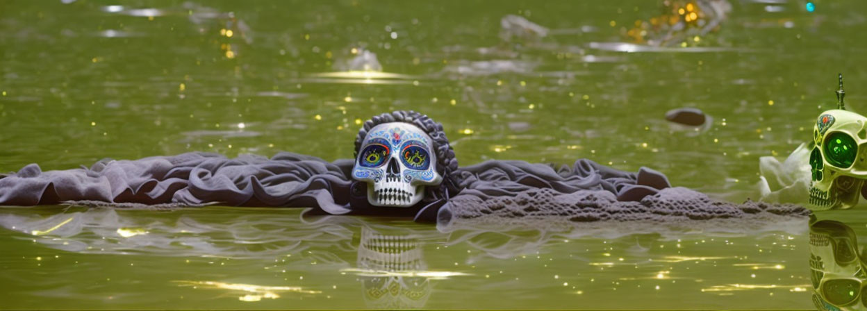 Floating Decorated Skull Mask with Green Lights on Water