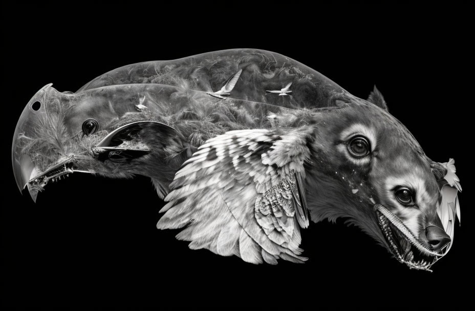 Monochrome composite image: Bird of prey and dog blend in surreal hybrid