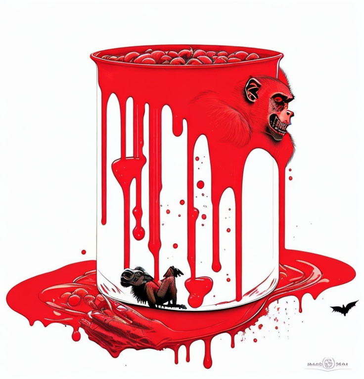 Illustration of overflowing red paint can with baboon and smaller one sinking