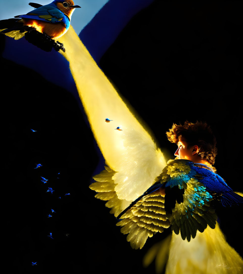 Human with colorful bird wings in yellow light with flying birds & perched bird