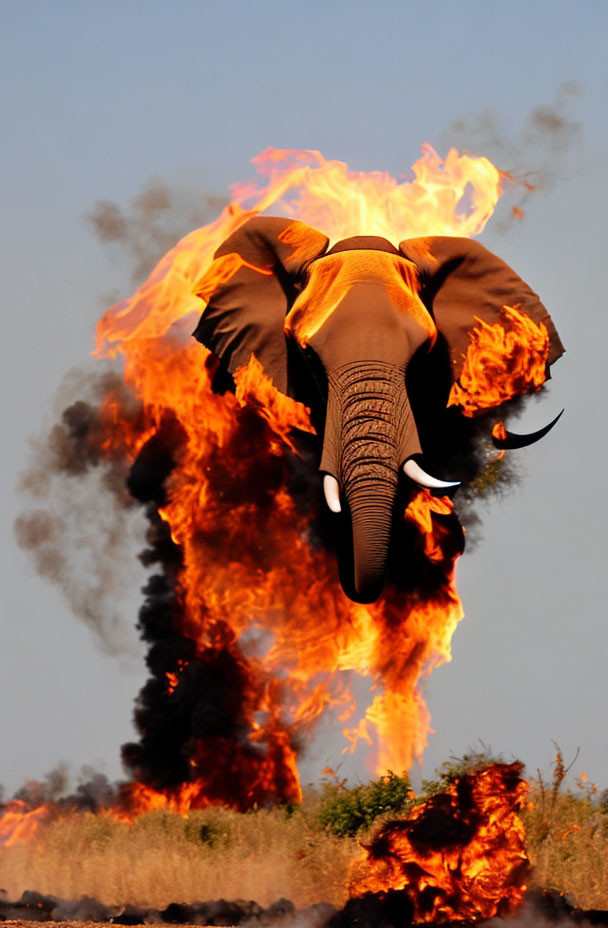 Elephant engulfed in flames with billowing smoke scene