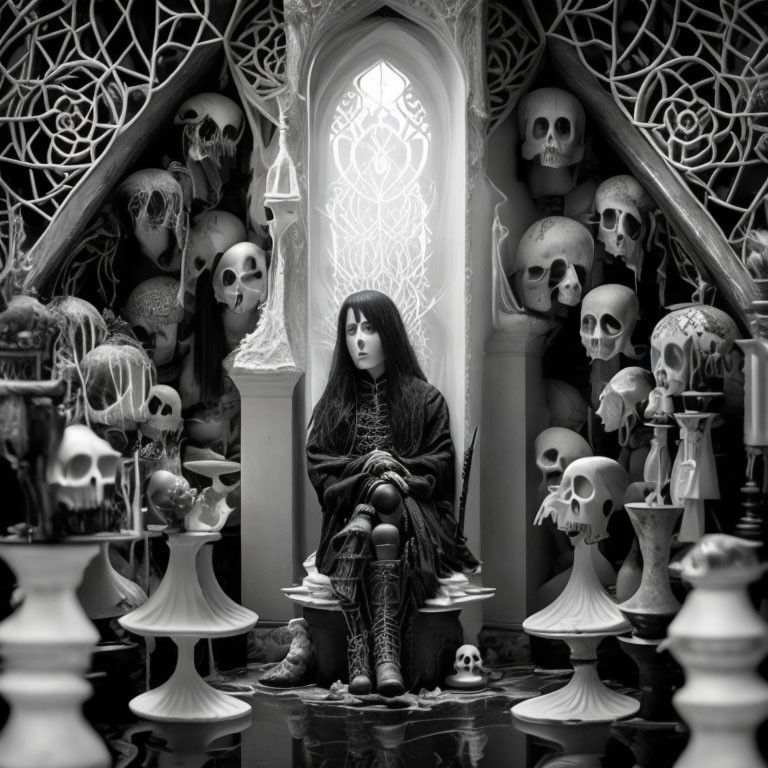 Monochromatic image of person with long dark hair in gothic setting.