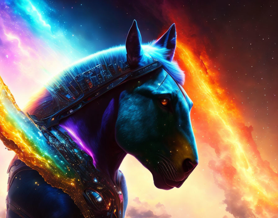 Blue horse with sparkling armor in cosmic background of stars and nebulae