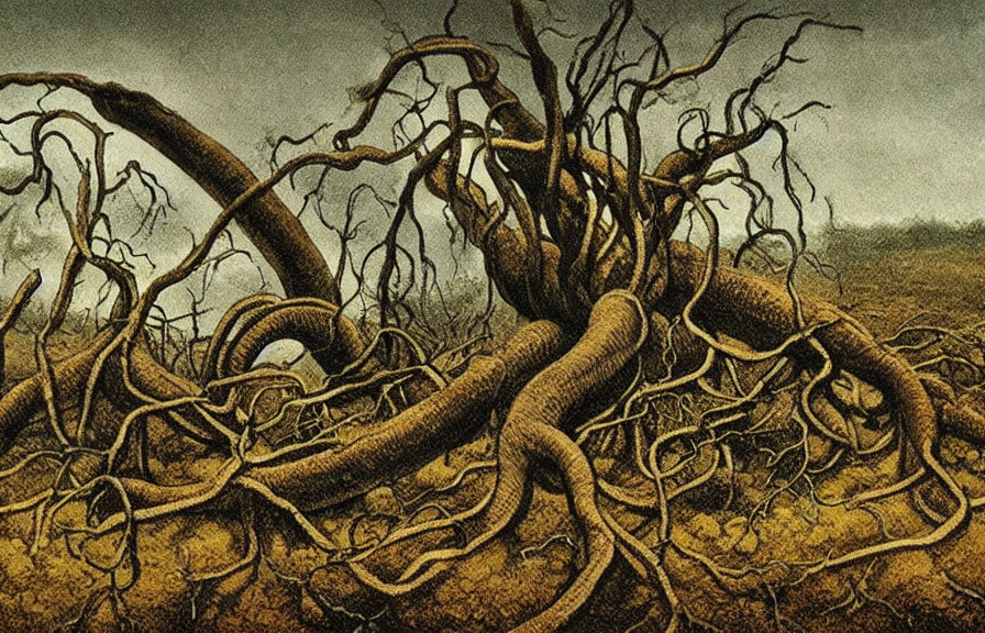 Detailed Illustration: Gnarled Tree Roots Spreading on Dry Soil Under Cloudy Sky