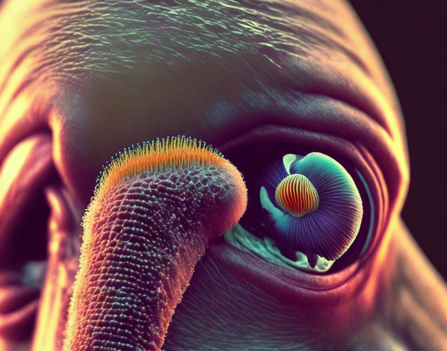 Detailed digital artwork: human eye with unique iris color and textured fingertip.