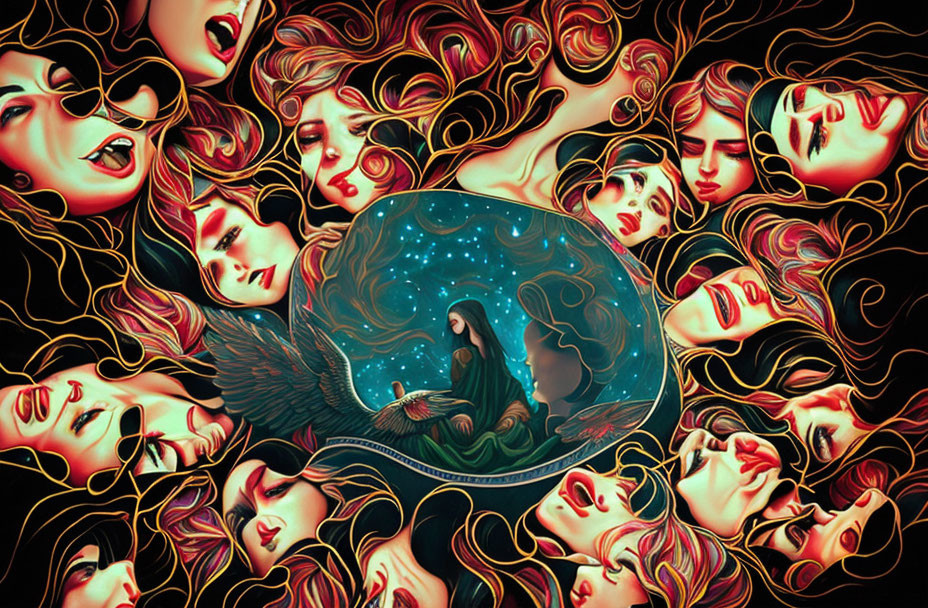 Surreal artwork: Faces with flowing hair around woman and swan under starry sky