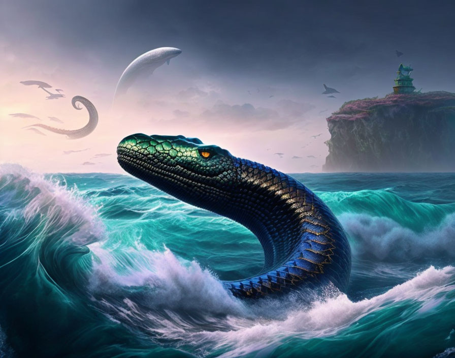 Gigantic sea serpent emerging from ocean with lighthouse and crescent moon in twilight sky