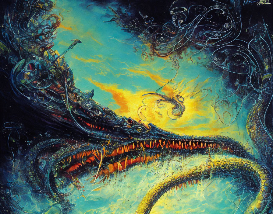 Colorful fantasy painting: giant serpentine creature in golden sunset landscape